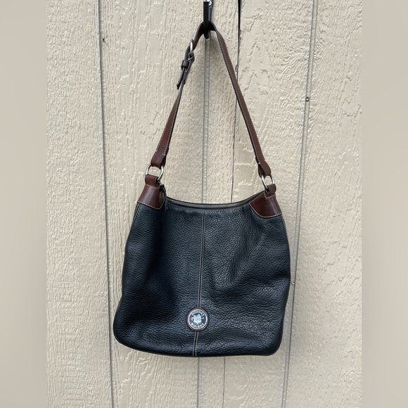 Dooney Bourke Black Pebbled Leather Medium Shoulder Crossbody Bag Brown Trim - Picture 2 of 8